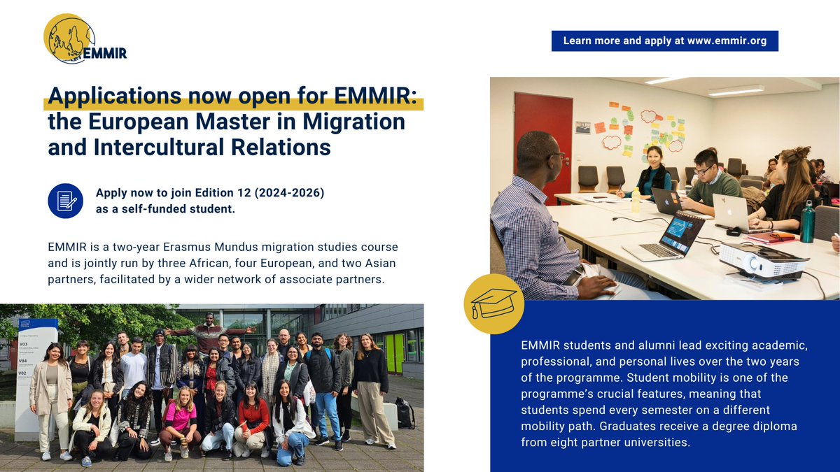 #StudyEMMIR applications are still open! 📝

Apply now for a self-funded study place (two types available): non-fee paying, and fee-paying. 

Learn more: emmir.org/cost-and-fundi…

#StudyOpportunities #StudyInEurope #ErasmusMundus #MigrationStudies