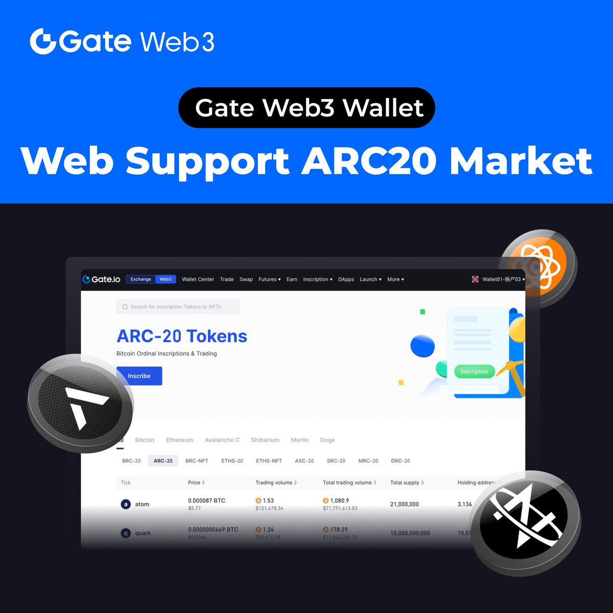 GateDEX's tweet photo. 📣#GateWeb3Wallet Web has supported the #Atomicals Market!

💪The #InscriptionMarket adds #ARC20

😎One-stop view, trade &amp; inscribe #ARC20 tokens

🚨https://t.co/870TIpZj9i APP will be supported soon!

Explore Now ⚡️: https://t.co/CzdiISu1FL

#ARC20 $atom $quark $realm https://t.co/CYmkK7k9r8