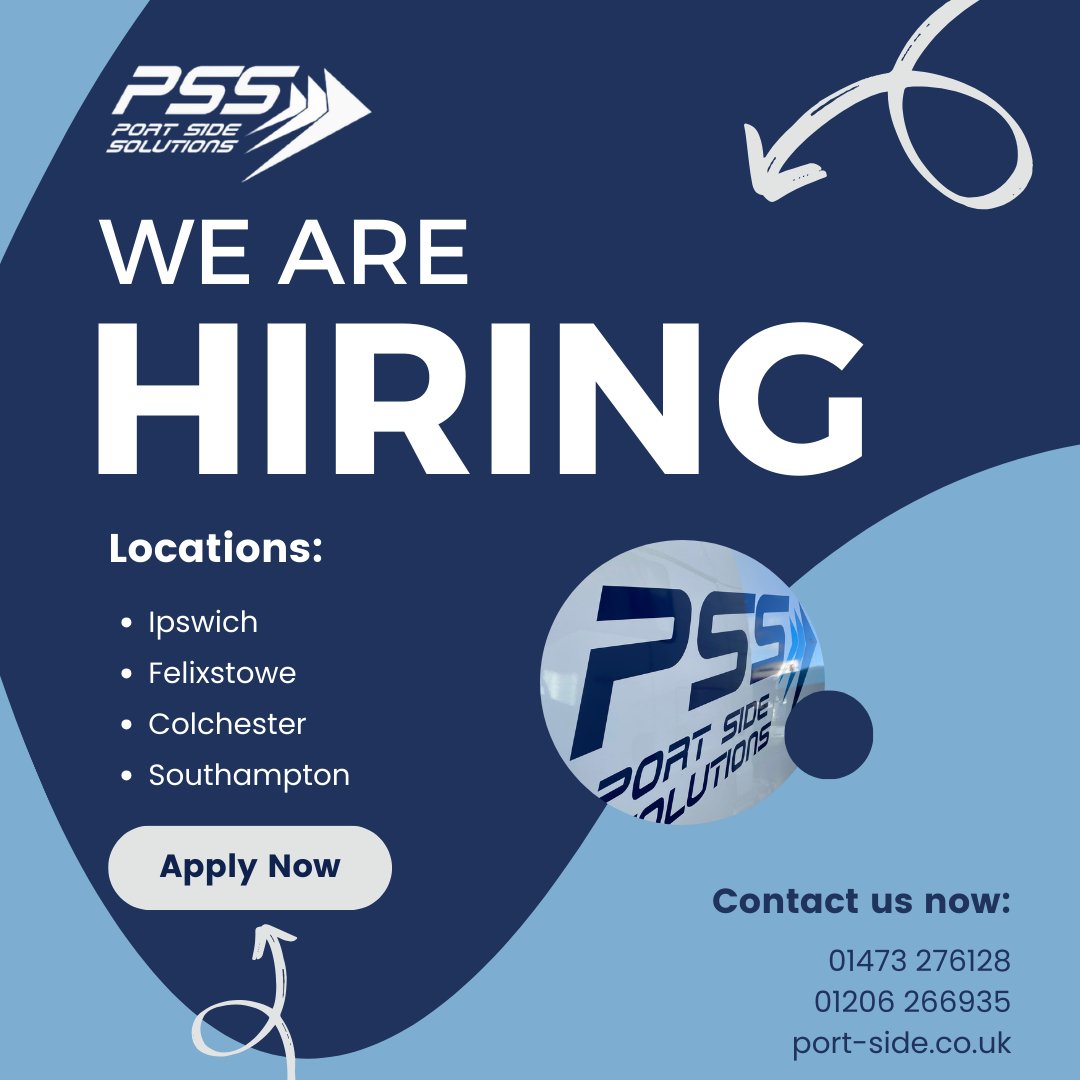 We're hiring for roles in Ipswich, Felixstowe, Colchester, and Southampton! Apply now and take the next step in your career journey with us.

01473 276128
01206 266935
Port-side.co.uk

#Hiring #IpswichJobs #FelixstoweJobs #ColchesterJobs #SouthamptonJobs #ElevateYourTeam