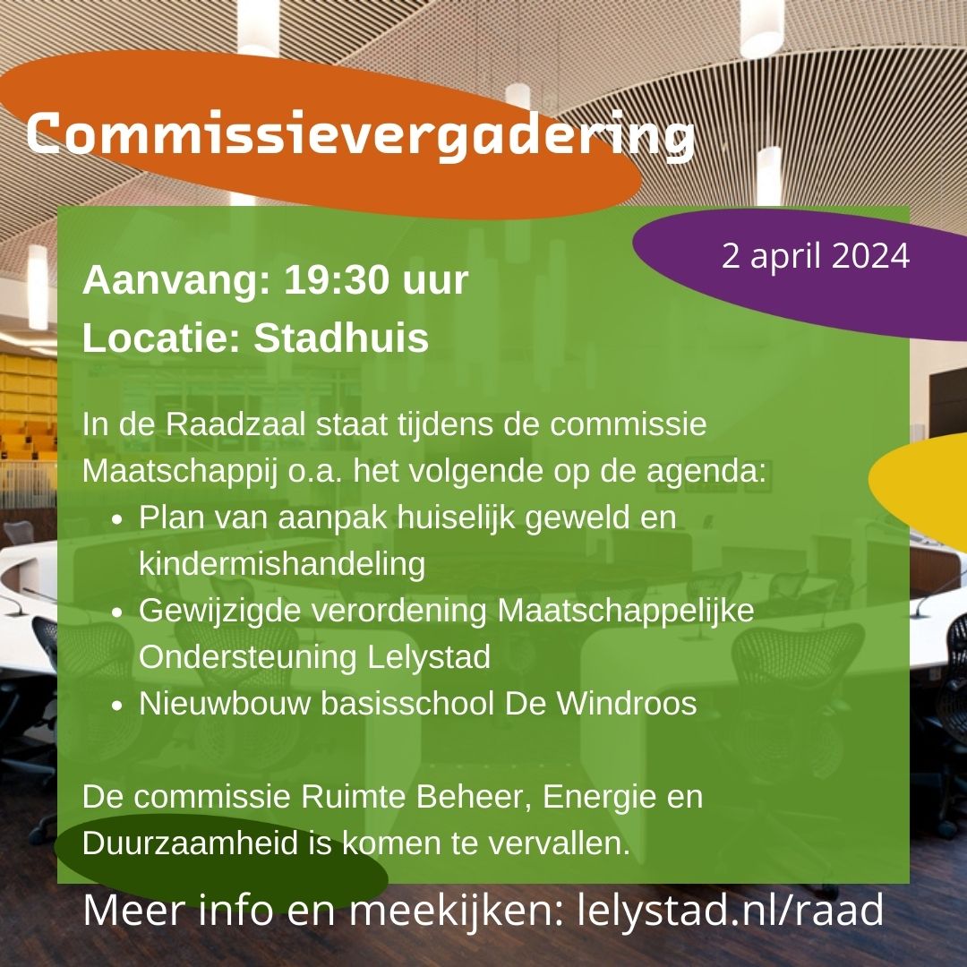 Vanavond de commissie Maatschappij in de Raadzaal. De commissie Ruimte Beheer, Energie en Duurzaamheid is komen te vervallen. Welkom in het Stadhuis! Meer info en online meekijken kan via: lelystad.bestuurlijkeinformatie.nl #raadslid #raadsleden #gemeenteraad #lelystad #raadvanlelystad