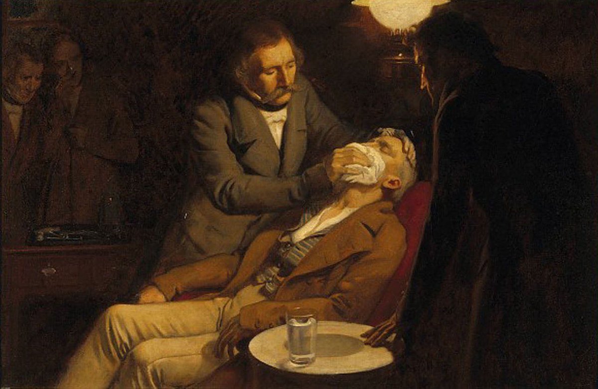 Illustration of the first use of ether as an anaesthetic in 1846 by the dental surgeon W.T.G. Morton (by British painter Ernest Board). #histmed #historyofmedicine #anaesthesia #pastmedicalhistory