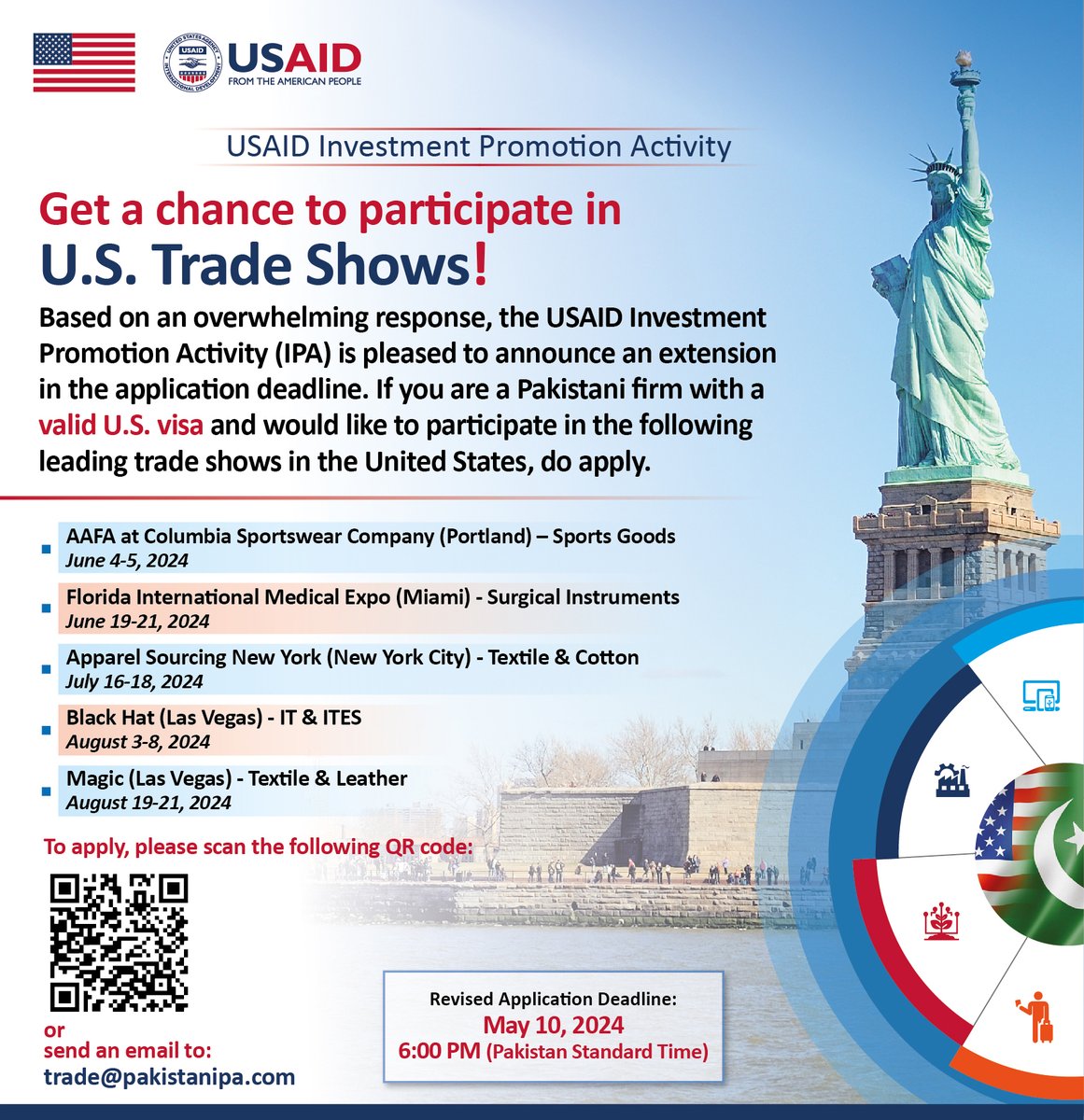 🌟 Calling all Pakistani firms with a valid US visa! We've extended the application deadline for IPA's U.S. Trade Shows activity to May 10, 2024. Don't miss this opportunity to showcase your products on a global platform. Apply now and expand your business horizons!🇵🇰🇺🇸 #IPA🤝