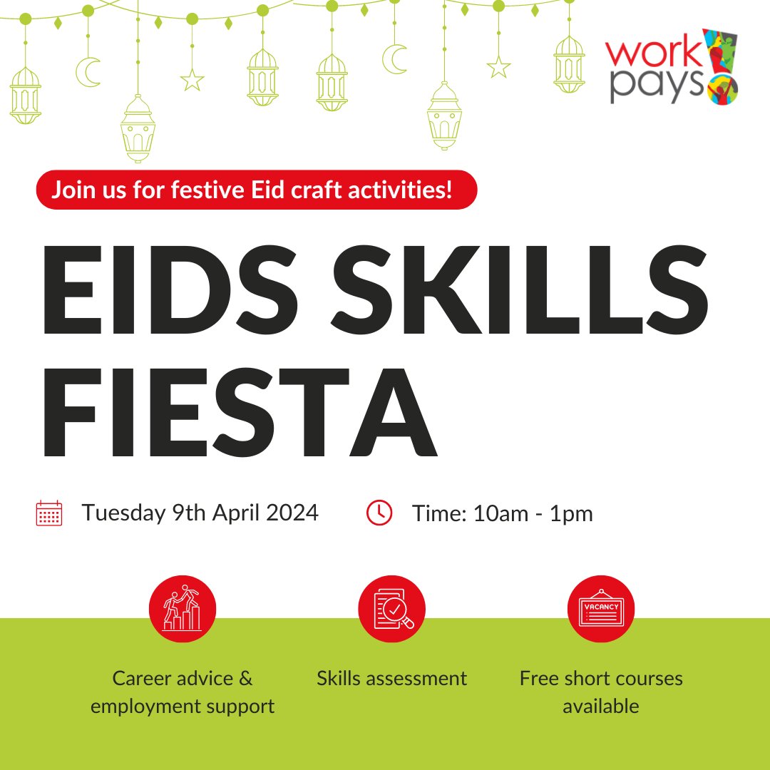 🌙 Don't miss out on our Eid Fiesta happening on April 9th! 🎉 Whether you need employment support or are interested in signing up for short courses, this event is for you! 🌟 #EidFiesta #EmploymentSupport #ShortCourses #Workpays #Eid #EidAlFitr #Leicester