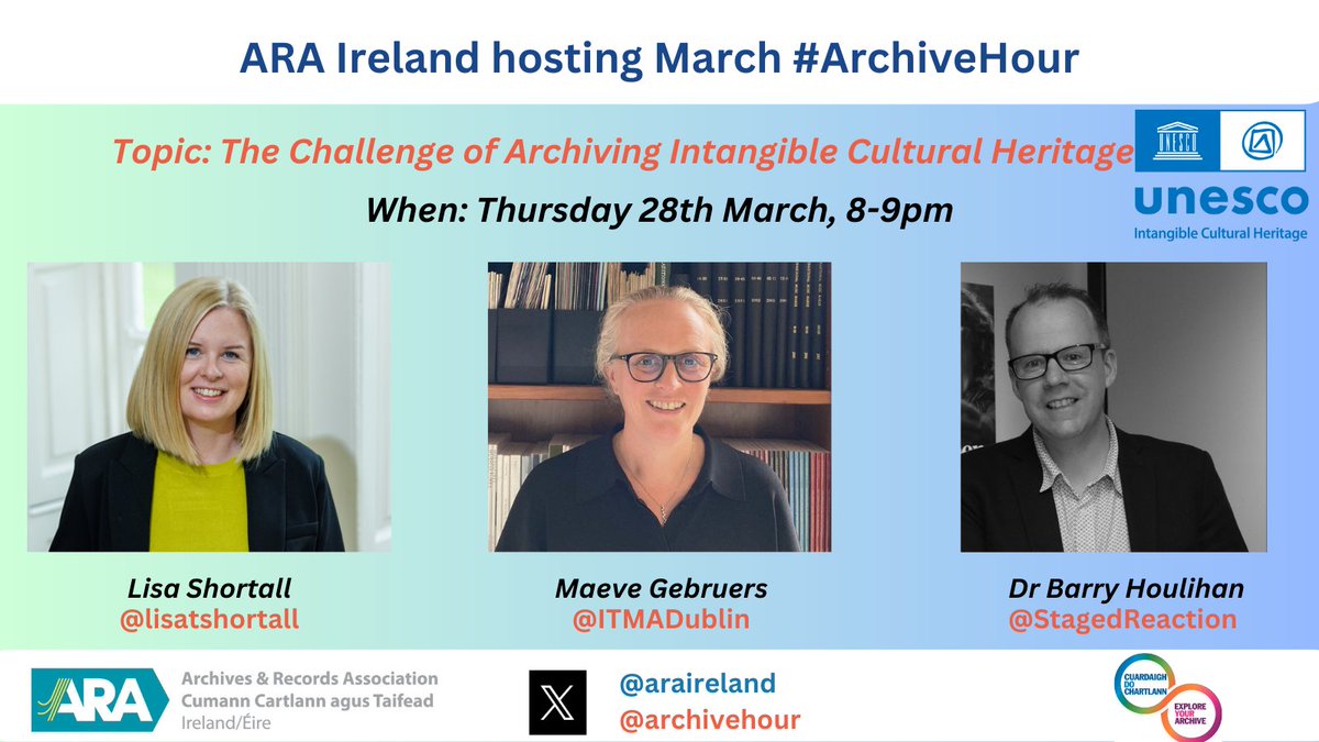 Massive thanks to all who followed us as we hosted @archivehour last Thursday, and especially to our 3 fab guests @stagedreaction (@UniOfGalwayASC) @MaeveGebruers (@ITMADublin) & @lisatshortall (@HeritageHubIRE ). You can still follow & contribute to the convo at #ArchiveHour.