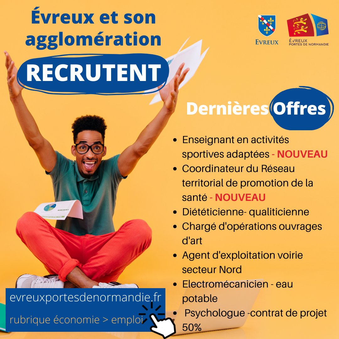 [#EMPLOI]

#Evreux et #aggloevreux recrutent !

&gt; Nouvelles offres : Enseignant en activités sportives adaptées / ...

&gt; Offres en cours : Animateur agricole / Infirmier / ...

👉 Pour postuler, envoyez votre CV et lettre de motivation ⤵️
evreuxportesdenormandie.fr/285-evreux-por…

#offreemploi