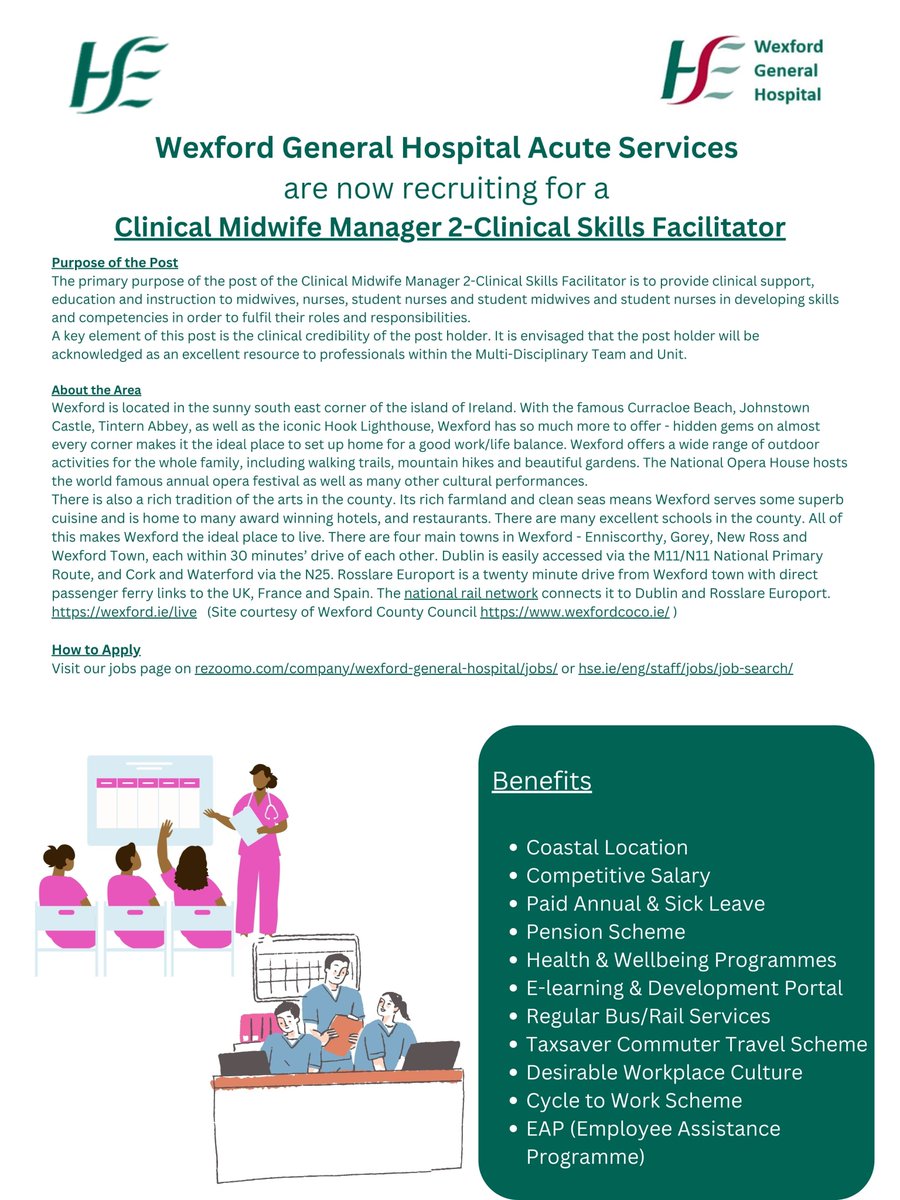 Job opportunity! @WexGenHosp as part of @IEHospitalGroup is recruiting for the post of Clinical Midwife Manager 2 Clinical Skills Facilitator. Closing Date: Tuesday 09th April 2024 @ 3:00 p.m. For more information and how to apply, go to: rezoomo.com/job/63576/