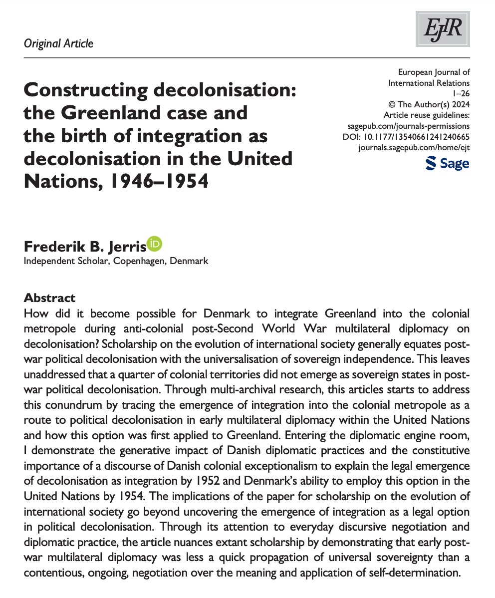 V excited to see this out in @EuroJournIR! I trace the diplomatic and discursive moves that enabled Denmark to “decolonise” Greenland by integration into the colonial metropole in the 1950s and revisit post-war evolution of int’l society as a ‘universalisation’ of sovereignty.