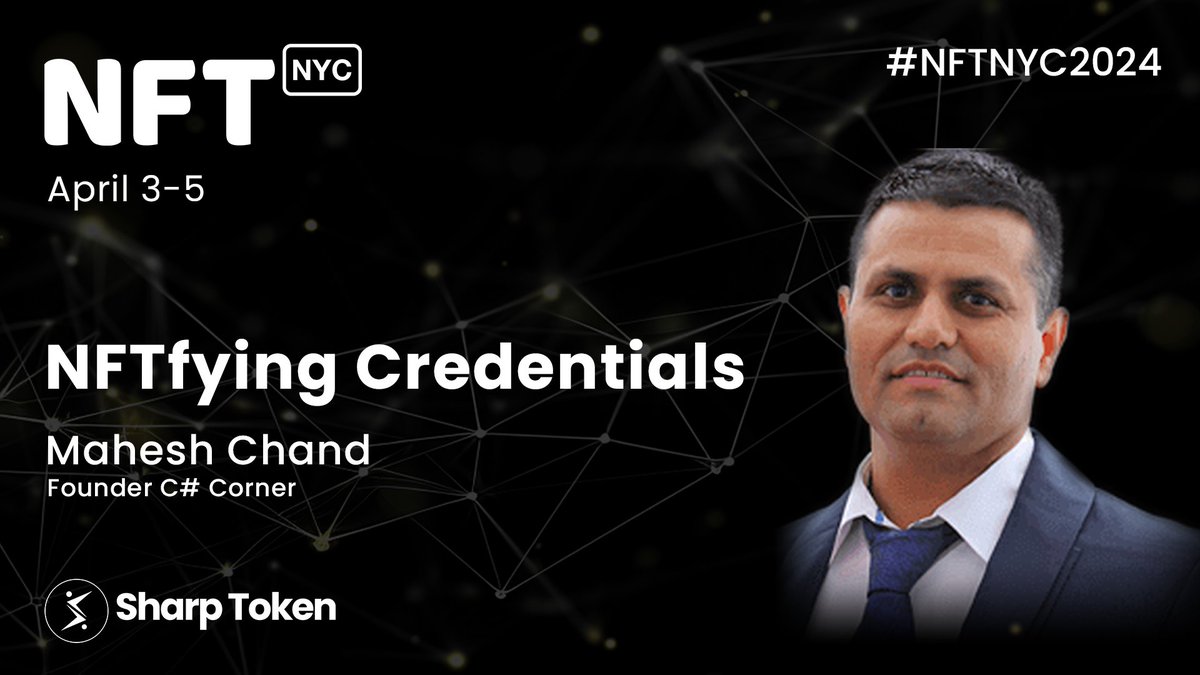 Ready to explore the world of NFTs and credentials? Join <a href="/mcbeniwal/">Mahesh Chand</a> at <a href="/NFT_NYC/">NFT.NYC</a> on April 4th for an engaging discussion on "NFTfying Credentials." See you at the event!!!

Book your ticket now: nft.nyc/register

<a href="/th35cr1b3/">🗑️🔥✍️|WEB3s Rolling Stone</a> <a href="/bleek08/">Peaceful Hxxligan</a> <a href="/ShashwatEternal/">Shashwat Eternal</a> 
#NFTNYC2024 #NFTNYC