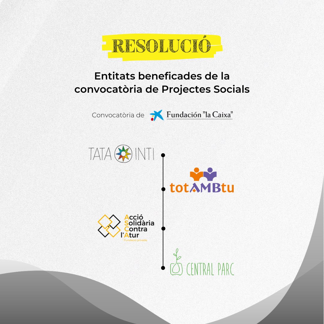 🎉Estem de celebració!

🗓️La Fundació la Caixa ha atorgat una subvenció a 4 projectes de gran impacte social que han estat acompanyats per AmbTu en la convocatòria anual de Projectes Socials 2023 Catalunya.

🏆Enhorabona a Tata Inti, TotAmbTu, Central Parc i Fundació ASCA!

#ess
