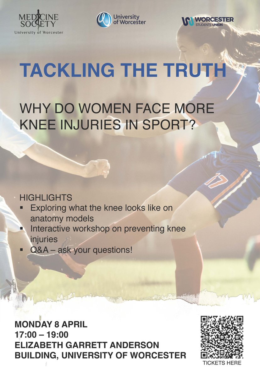 Why do women face more knee injuries in sport? @tcms_worc are hosting a free public event that will discuss everything from training, to periods, boots & the pelvis. Tickets: forms.office.com/pages/response… 📅 8 April 2024 ⏰ 5-7pm 📌 Elizabeth Garrett Anderson Building, Hylton Road