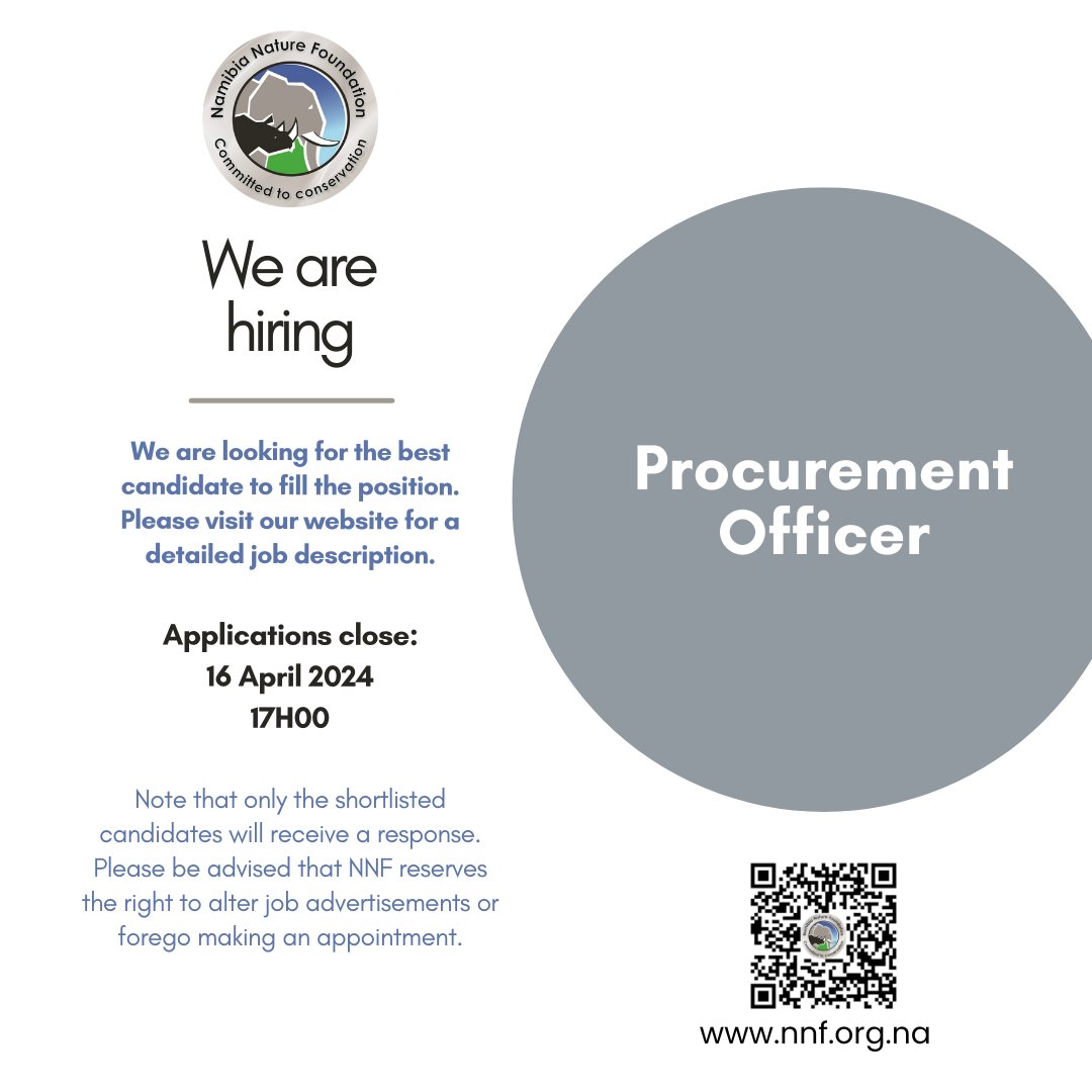 A vacancy for a procurement officer is currently available. Kindly visit our website to acquaint yourself with the job description. nnf.org.na/index.php/work…