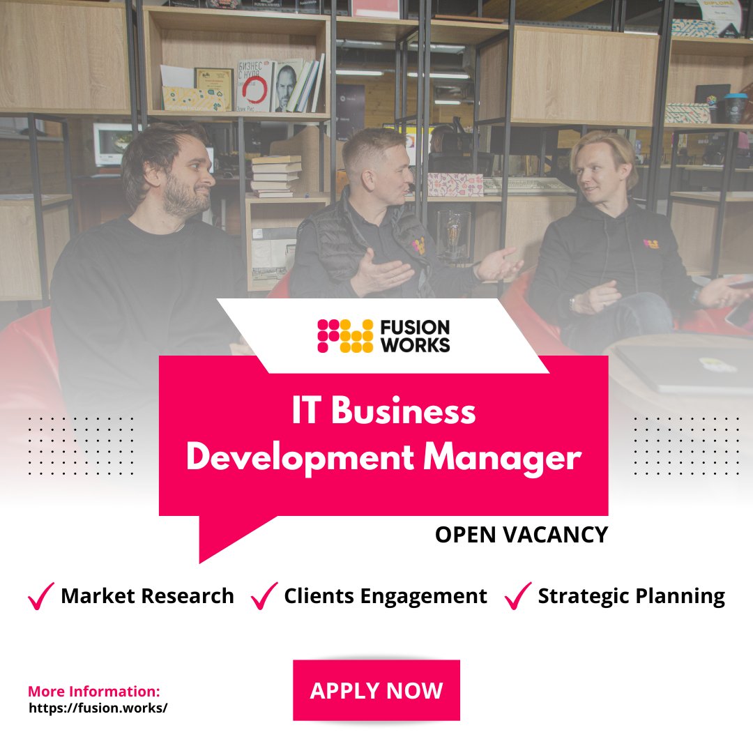 FusionWorksMD's tweet photo. 🤗 Join our team as an IT Business Development Manager and take charge of driving strategic growth initiatives!  Apply now and be part of the no-bullshit company ➡️ https://t.co/e7PVTei3Wq

#Fusionworks #FusionWorksTeam #openjobs https://t.co/ZBBGi1aTOa
