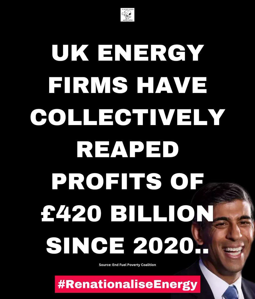 UK energy firms have collectively reaped profits of £420 billion since 2020, according to research by the End Fuel Poverty Coalition.

6.5 million UK households are in fuel poverty, more than 20% of all UK households

#RishiSunak
#Greedflation
#EndFuelPoverty
#RenationaliseEnergy