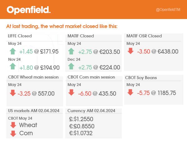 Good morning! Here is the latest grain markets update. #Openfield #OSR #Wheat #CBOT #LIFFE #MATIF