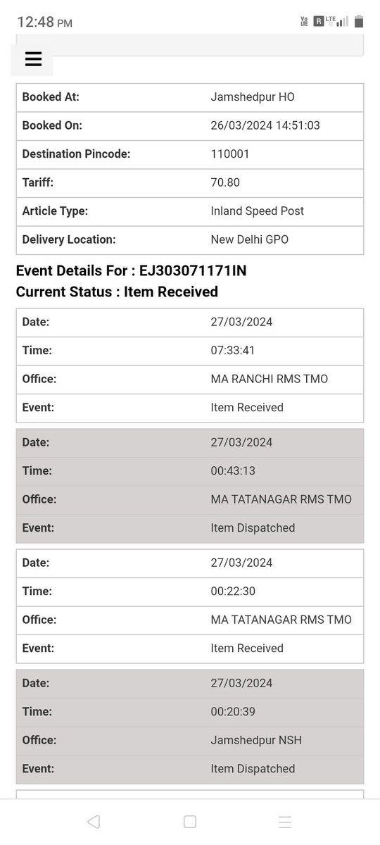 hiianuj's tweet photo. My joining related original documents sent through Speed post to (MHA) New Delhi on 26/03/2024 remain undelivered even after 7 days due to the Negligence of @IndiaPostOffice  Now my career is at stake. Is this the credibility of Indiapost?
Trk ID- EJ303071171IN
@AshwiniVaishnaw https://t.co/wR0GZ1GvFz