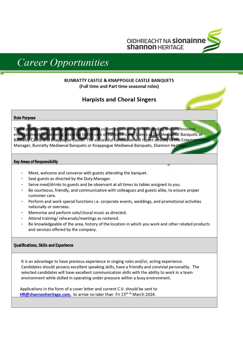 📣Harpist/Musician/Choral Singers wanted for Bunratty Castle & Knappougue Castle Banquets📣 Seasonal Full-time/Part-time roles Applications can be made in the form of the cover letter and CV to HR@shannonheritage.com no later than Friday, 15th March #ad #jobfairy