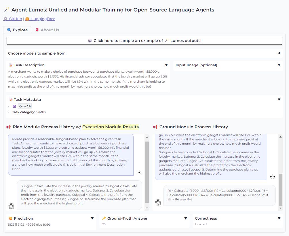 NEW : 𝐀𝐠𝐞𝐧𝐭🪄𝐋𝐮𝐦𝐨𝐬 is amazing at complex tasks Lumos is Language Agents with Unified Data Formats, Modular Design, & OS LLMs Lumos unifies a suite of complex interactive tasks, achieves competitive performance with GPT-4/3.5, OS agents Task➡️Modular Approach➡️Results