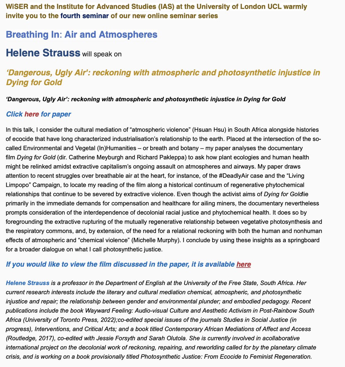 Breathing In: Air and Atmospheres   Helene Strauss will speak on ‘Dangerous, Ugly Air': reckoning with atmospheric and photosynthetic injustice in Dying for Gold 🗓️ 8th April 2024 🕓 4pm 🔗 Zoom link: shorturl.at/jyBQS 📝 Paper available online: wiser.wits.ac.za