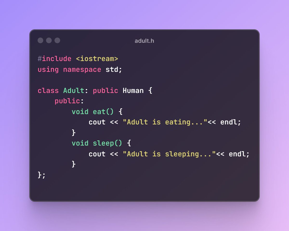 badal_sh's tweet image. 🚀 Explore the Factory Method Pattern in C++! 👨💻 Interface 'Human' with eat() and sleep(), subclasses 'Adult' & 'Child', and 'HumanFactory' for object creation. See it in action! #FactoryMethod #CPlusPlus #CodeExample