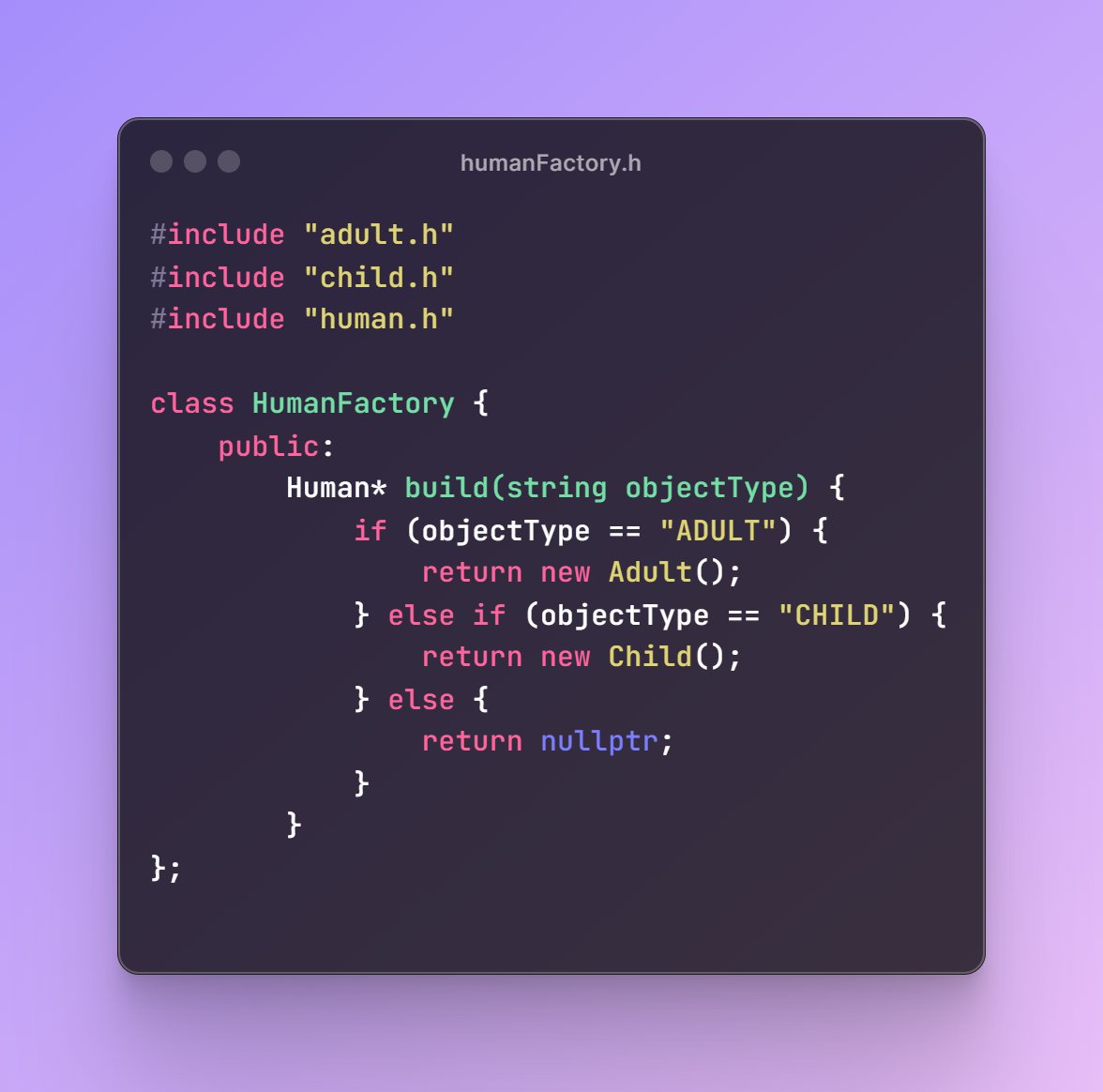 badal_sh's tweet image. 🚀 Explore the Factory Method Pattern in C++! 👨💻 Interface 'Human' with eat() and sleep(), subclasses 'Adult' & 'Child', and 'HumanFactory' for object creation. See it in action! #FactoryMethod #CPlusPlus #CodeExample