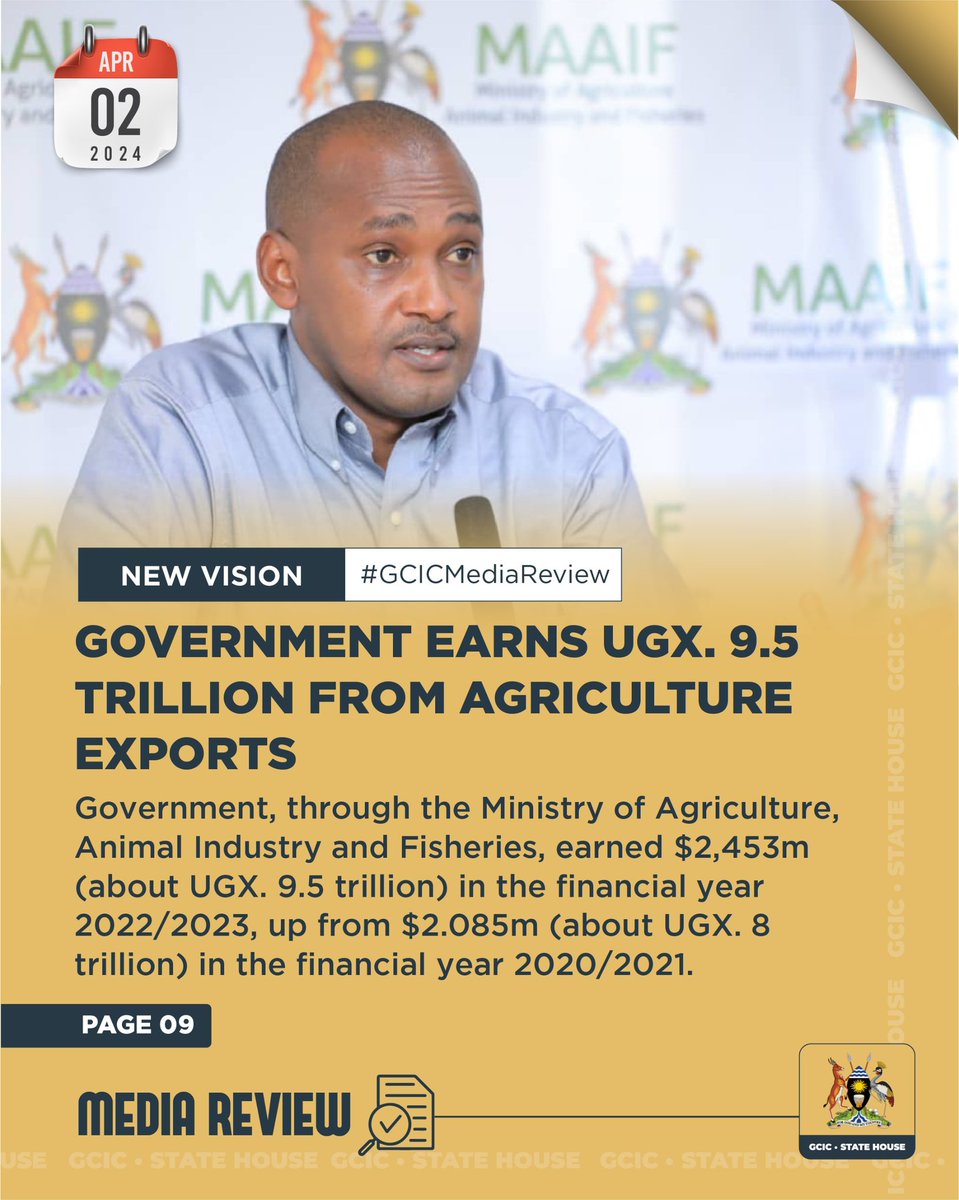 Government, through the Ministry of Agriculture, Animal Industry and Fisheries, earned $2,453m (about UGX. 9.5 trillion) in the financial year 2022/2023, up from $2.085m (about UGX. 8 trillion) in the financial year 2020/2021.