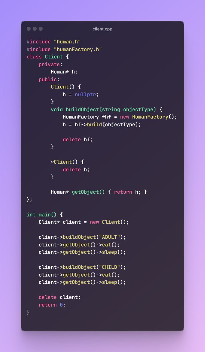 badal_sh's tweet image. 🚀 Explore the Factory Method Pattern in C++! 👨💻 Interface 'Human' with eat() and sleep(), subclasses 'Adult' & 'Child', and 'HumanFactory' for object creation. See it in action! #FactoryMethod #CPlusPlus #CodeExample