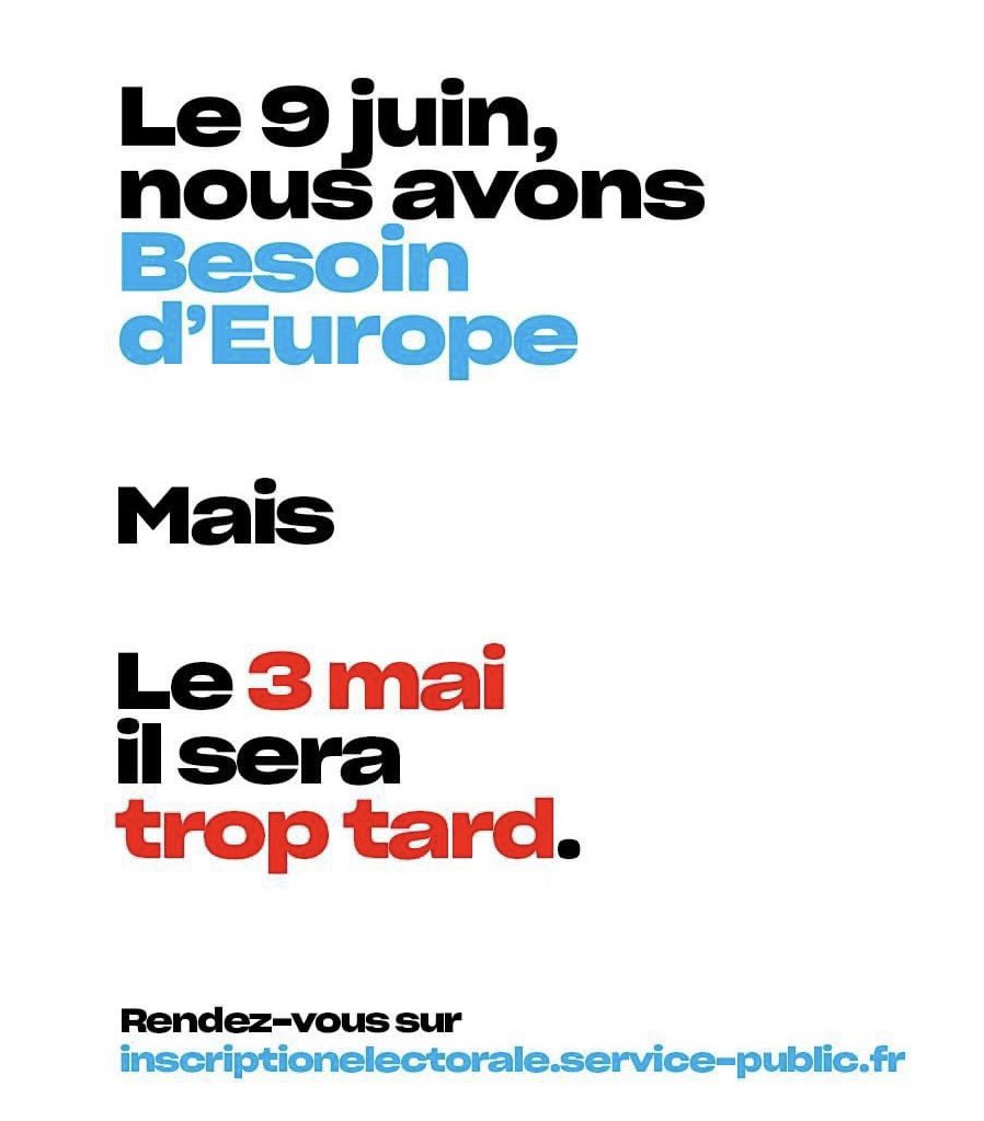 PartiRadicalXIV's tweet photo. 🟢Vous avez 1 mois pour vous inscrire sur les listes électorales https://t.co/NUkb07DPPm…. 
Le #9Juin nous avons #BesoinDEurope ! https://t.co/6LqobVUBHF