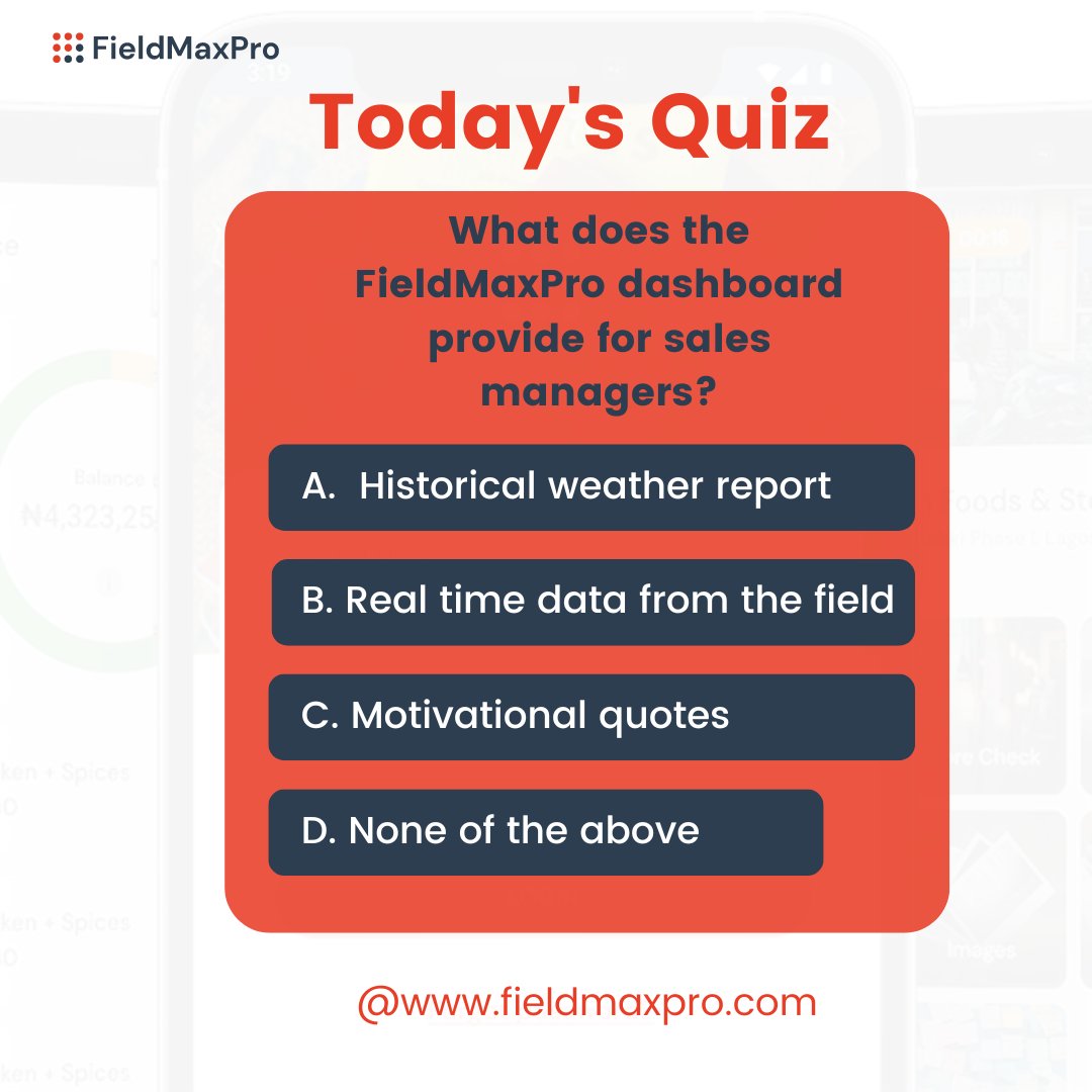 On today's episode of Q&A.

Let's see how well you know the FieldMaxPro dashboard.

Drop your answer in the comment below.😊

-----------------------------------
#southafricainvestment  #southafrican #capetown #FieldMaxPro #FieldForceAutomation #Productivity #BusinessGrowth