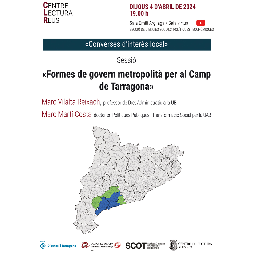 ➡️La SCOT co-organitza la sessió del Centre de Lectura de Reus "Formes de govern metropolità per al Camp de Tarragona"
📣Amb <a href="/MMartiCosta/">marc marti-costa</a>, doctor en Polítiques Públiques i Transformació Socials i <a href="/mvilaltare/">Marc Vilalta Reixach</a>, professor de Dret Administratiu <a href="/UniBarcelona/">Universitat de Barcelona</a> 
🗓️dijous 4/4, 19h