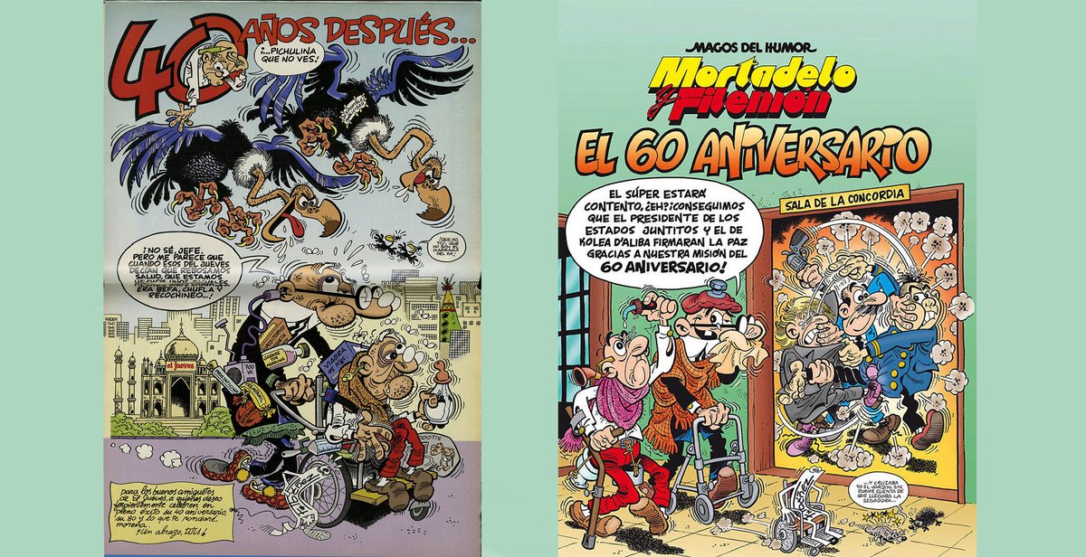 F. Ibáñez creó un magnífico dibujo que dedicó a sus colegas de El Jueves en el 40 aniversario de su serie Mortadelo y Filemón. En 2017 publicaría el álbum del 60 aniversario. humoristan.org/es/serie/morta…