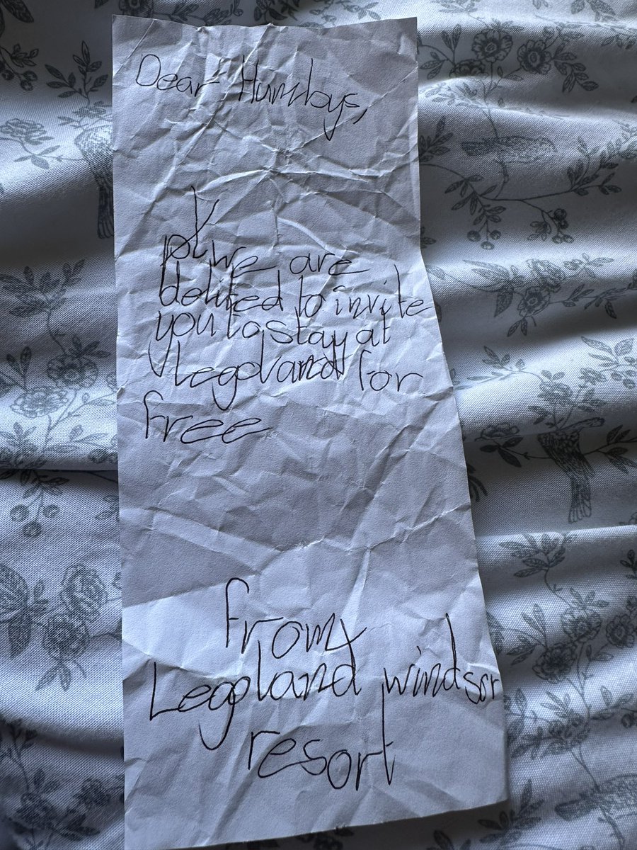 HumbyMark's tweet photo. My daughter just appeared with this written in the back of a @LEGOLANDWindsor receipt.  Apparently she wants to go back to LEGOLAND over the Easter holidays https://t.co/079cC4S6dm