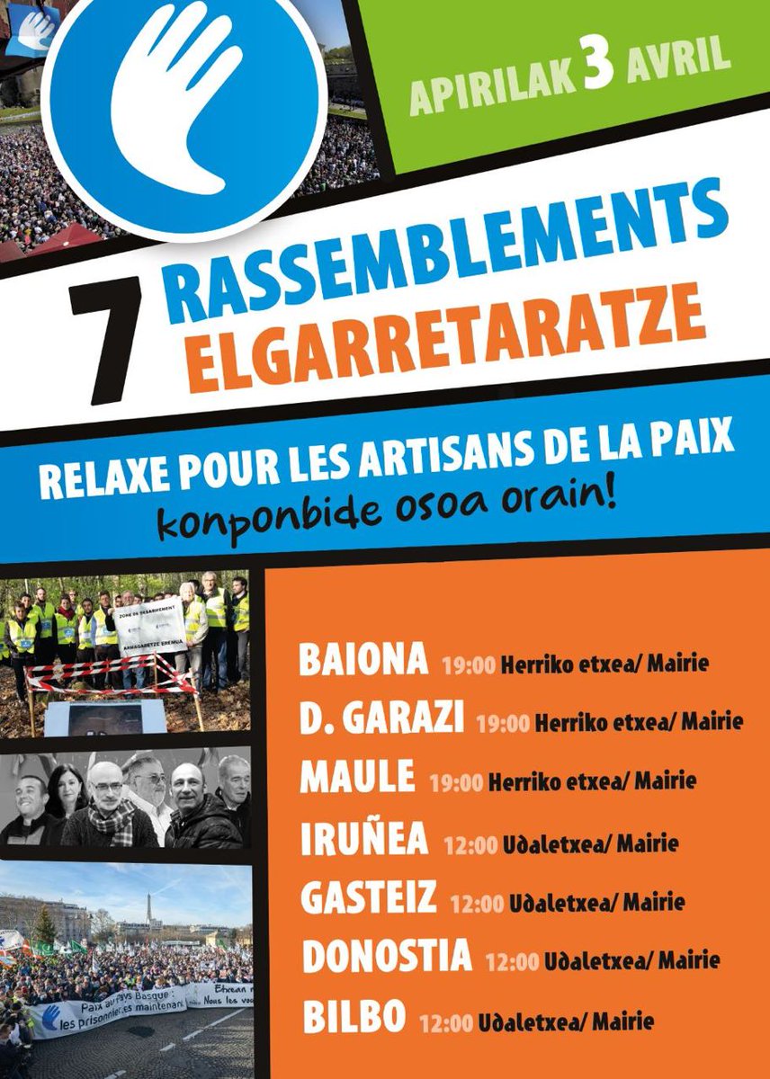 Activistes bascos que van ajudar a desencadenar el desarmament d'ETA al 2016 jutjats pels tribunals francesos acusats de terrorisme. El judici és avui i demà 3 d'abril. S'han convocat manifestacions a totes les 7 càpitals d'Euskal Herria per demà. @Artisans_Paix