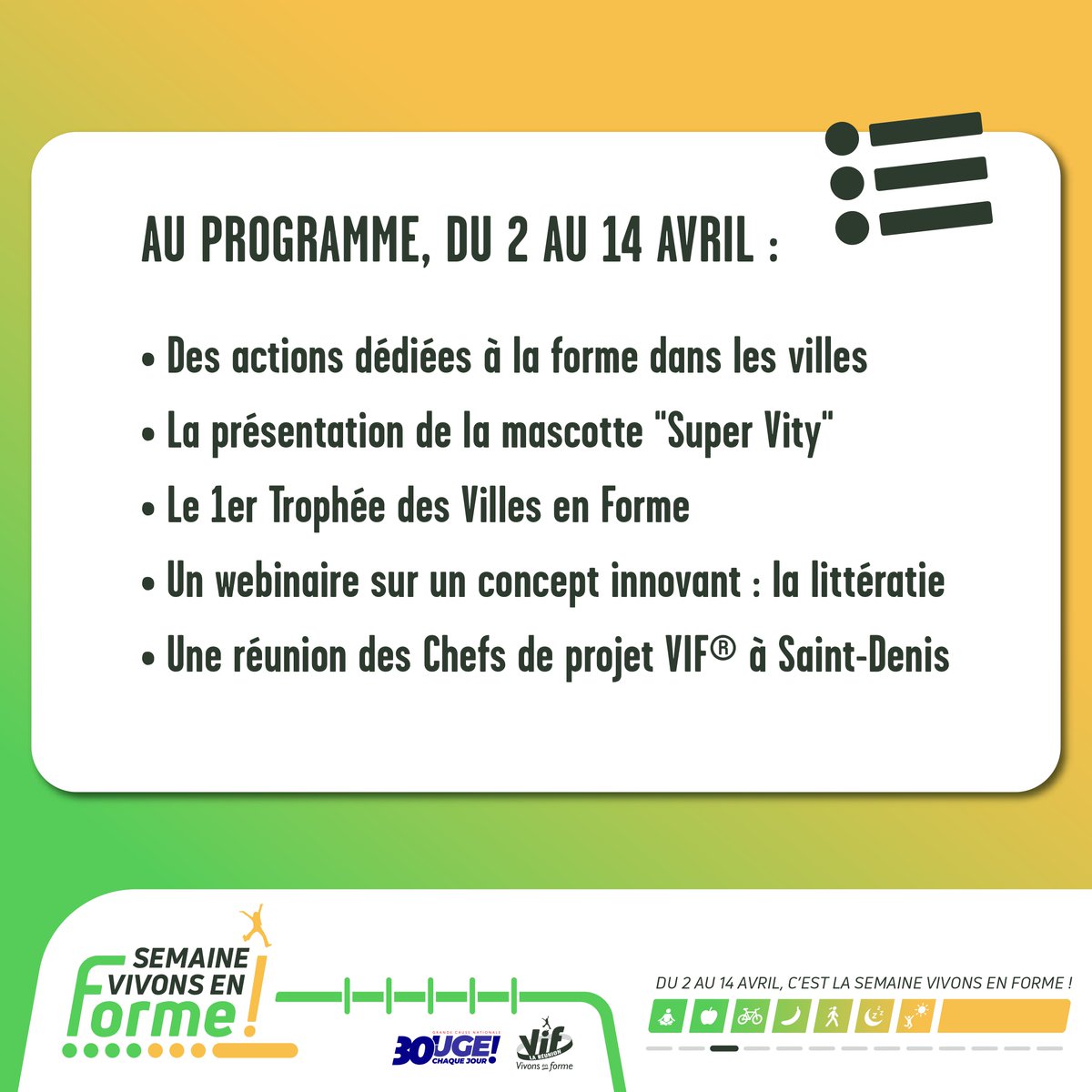 🌟 𝗗𝗨 𝟮 𝗔𝗨 𝟭𝟰 𝗔𝗩𝗥𝗜𝗟, 𝗖’𝗘𝗦𝗧 𝗟𝗔 𝗦𝗘𝗠𝗔𝗜𝗡𝗘 𝗩𝗜𝗙® ! 🌟
labellisée > Grande cause nationale <🤸
🎯Mettre en lumière l'engagement des collectivités pour la santé et le bien-être de tous
🎯Promouvoir les bienfaits d’un mode de vie sain, dès le plus jeune âge