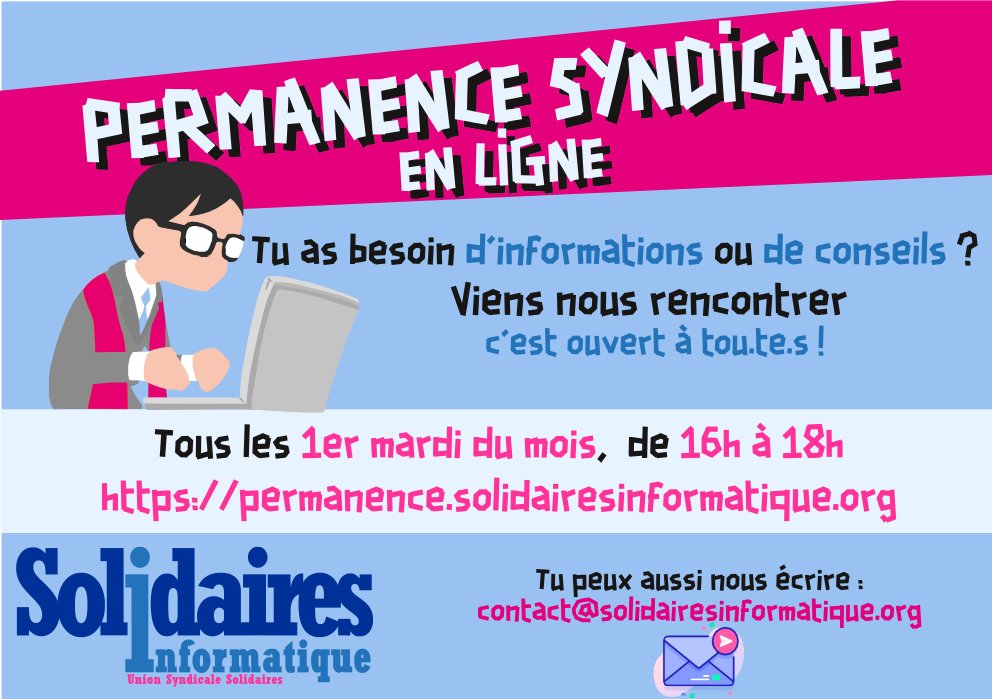 La permanence en ligne de Solidaires Informatique, c'est ce soir de 16h à 18h ! Une question, besoin d'informations ? ➡️ permanence.solidairesinformatique.org