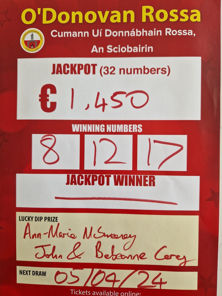 O'Donovan Rossa GAA Lotto Results for 29/03/2024: Next draw taking place Friday 5th of May. Tickets available in the usual local outlets or you can play online now: klubfunder.com/Clubs/O_Donova…