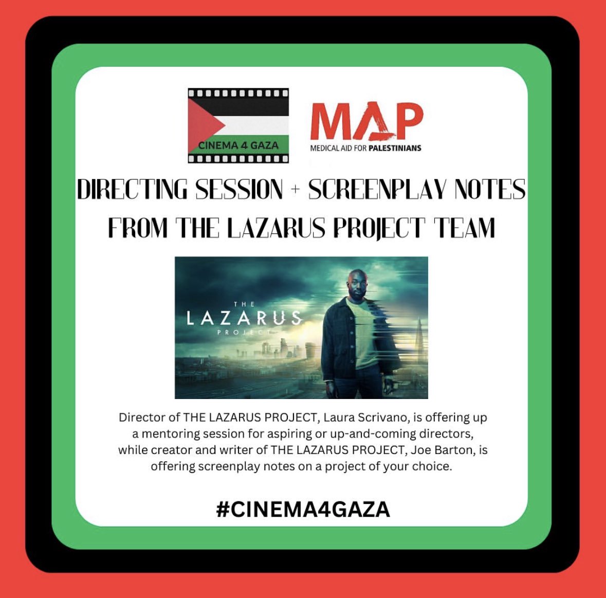 The @Cinema4Gaza auction is now live. If you’re an aspiring screenwriter and/or director you can bid on some personal script notes/directing mentorship from me and @laurascrivano. Help your career. Help a good cause.