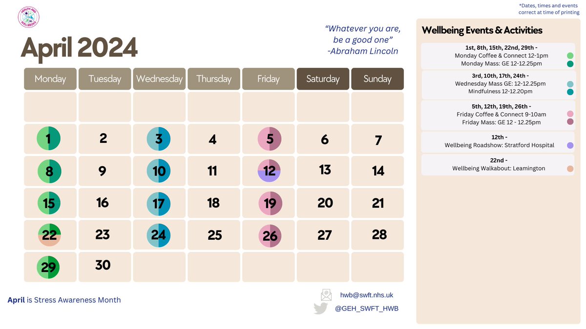 Welcome April! 💐 🐣 We are sharing our calendar of events for the month! Please feel free to download, share with your teams and add to your Wellbeing Noticeboard! If you have any questions, please email hwb@swft.nhs.uk