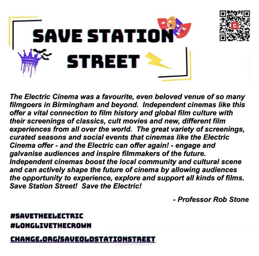 Professor Rob Stone of @BFilm__ says that losing The Electric Cinema damages the city of Birmingham by removing an important cultural landmark and community venue. Don't say 'Hasta la vista, baby' to our favourite cinema. Sign the petition: change.org/saveoldstation…