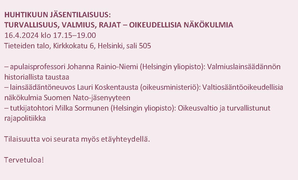 Huhtikuun kokouksessa ajankohtainen aihe, mukana @RainioNiemi @LKoskentausta @milkasormunen. Tervetuloa! @Lakimiesyhdisty #oikeustiede #valtiosääntöoikeus