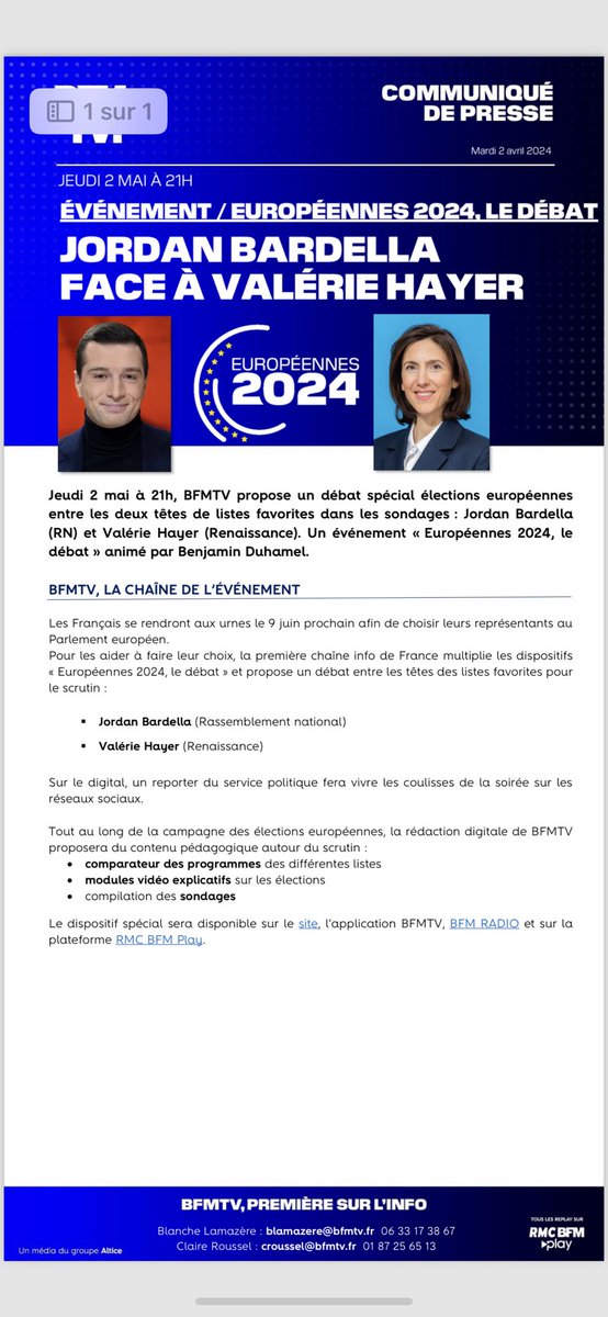 BFMTV, la chaîne des élections européennes ! ⁦@J_Bardella⁩ vs ⁦@ValerieHayer⁩ à 21h le 2 mai, arbitré par ⁦@Ben_Duhamel⁩ Le débat événement sur ⁦@BFMTV⁩