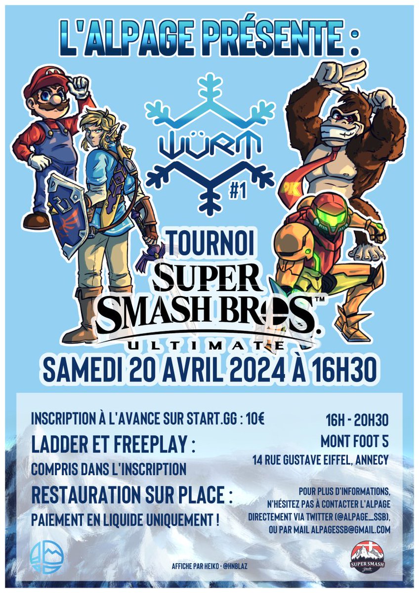 📢 Voici le Würm ! 📢
Le tournoi mensuel Smash Bros Ultimate à Annecy ! 

📅 20 avril 2024
📍 Mont Foot 5, Annecy
👥 32 joueurs
💶 10€
🏆 Jusqu'à 100€ de CP

N'hésitez pas à Fav et RT un max ! 
⬇️⬇️ Inscriptions et infos dans le tweet suivant ⬇️⬇️