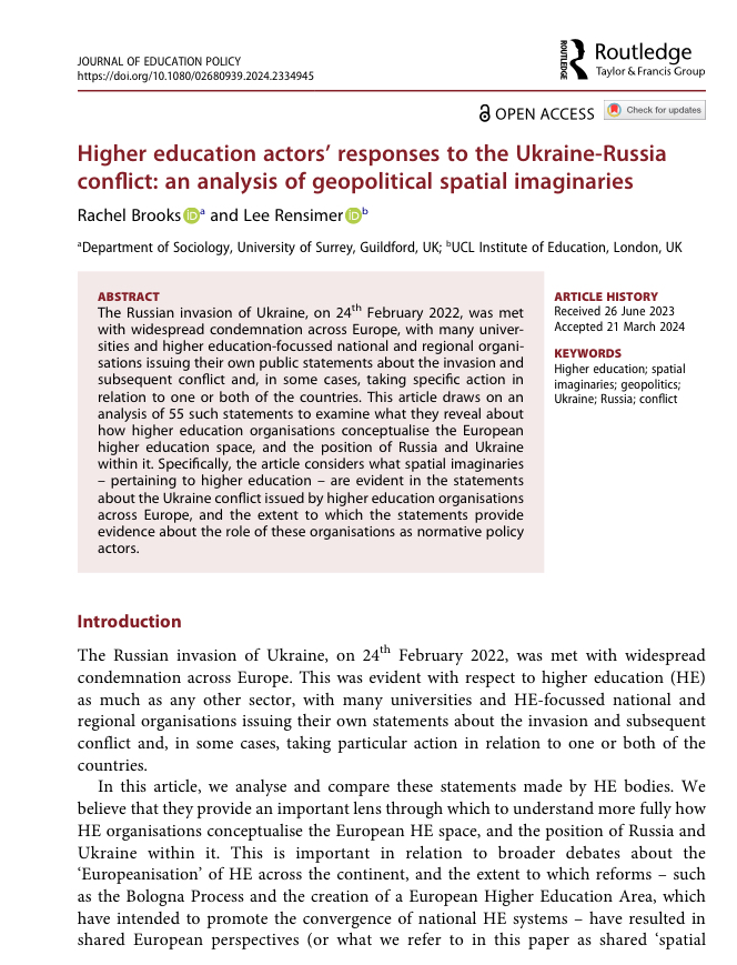 New article with @LeeRensimer just published in @JEdPolicy, based on our @ResearchCGHE research Higher education actors' responses to the #Ukraine-Russia conflict: an analysis of geopolitical spatial imaginaries @SurreySociology @IOE_London tandfonline.com/doi/full/10.10…