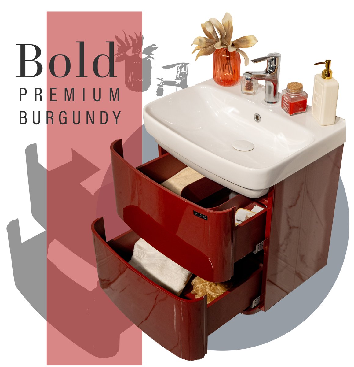 Bold Serisi’nin premium bordo rengi ile yaz enerjisi banyolarda! Summer energy is in the bathrooms with the premium burgundy color of the Bold Series! #voq #voqbagno #lamodainbagno #arredobagno #bathroomfurniture #banyomobilyası #bold