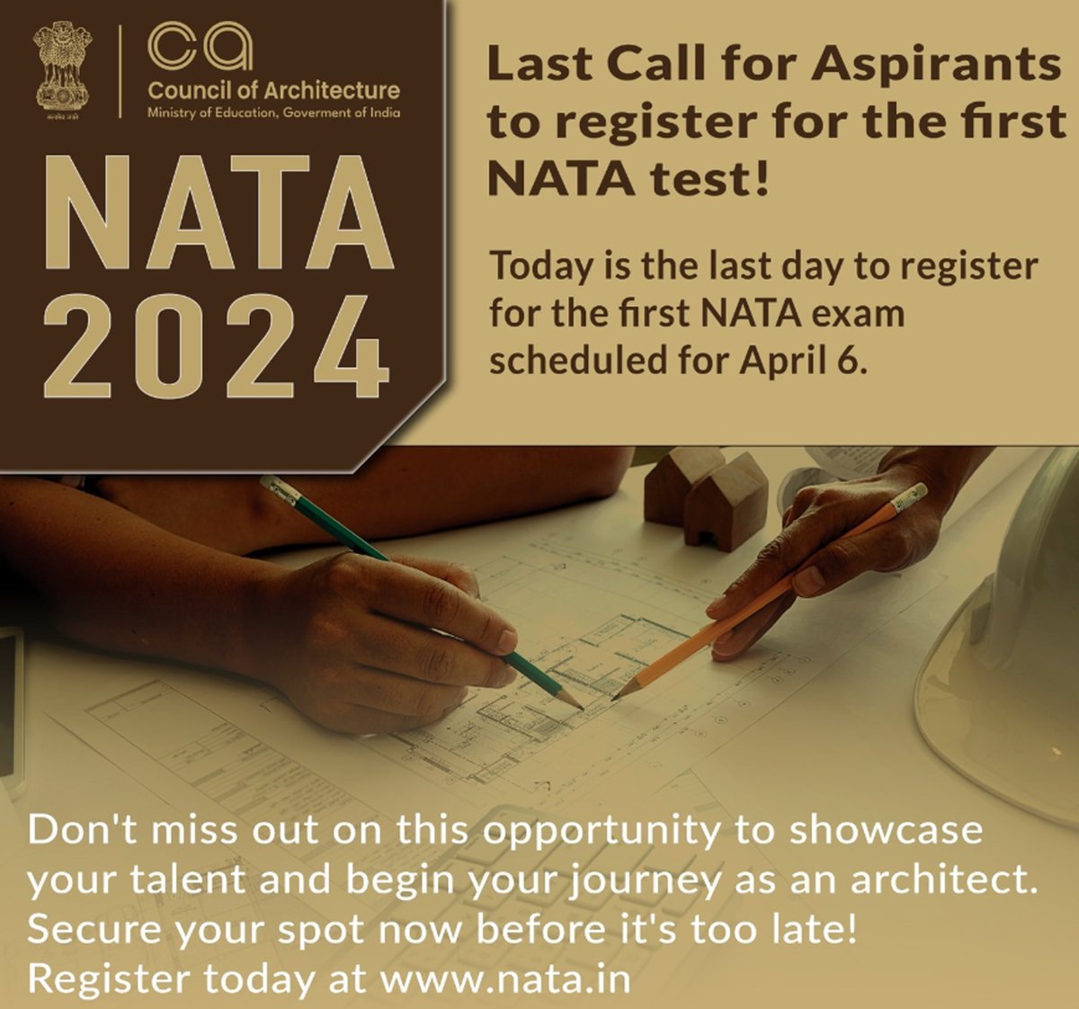 Don't miss your chance! Today is the final call for aspiring architects to register for the first NATA test on April 6th.
Secure your spot now and take the first step towards your dream career!

#NATA2024 #NATA #councilofarchitecture #dreamcareer #aspiringarchitects #iust