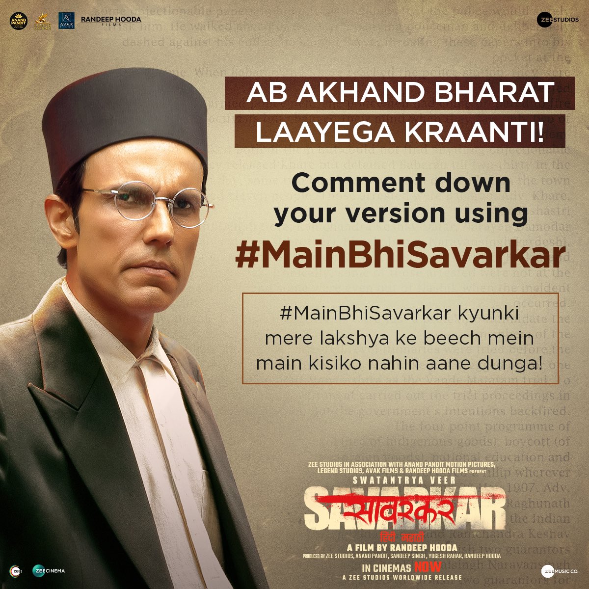 Witness the unstoppable force of #SwatantryaVeerSavarkar! His quest for #AkhandBharat resonates today more than ever; Comment down your version of #MainBhiSavarkar Book your tickets! 🔗 - linktr.ee/swatantryaveer… In cinemas now. #VeerSavarkarInCinemasNow #WhoKilledHisStory…