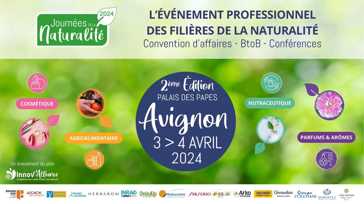 📆RDV à Avignon les 4 & 5 avril aux journées de la naturalité, l'évènement pro des filières du naturel 🗨️ Conférences > Comment accélérer les transitions agroécologique et alimentaire ? Avec Frederic Carlin @INRAE_PACA > Le microbiote source d'innovations avec @MgpsLab 🤝 Rdv