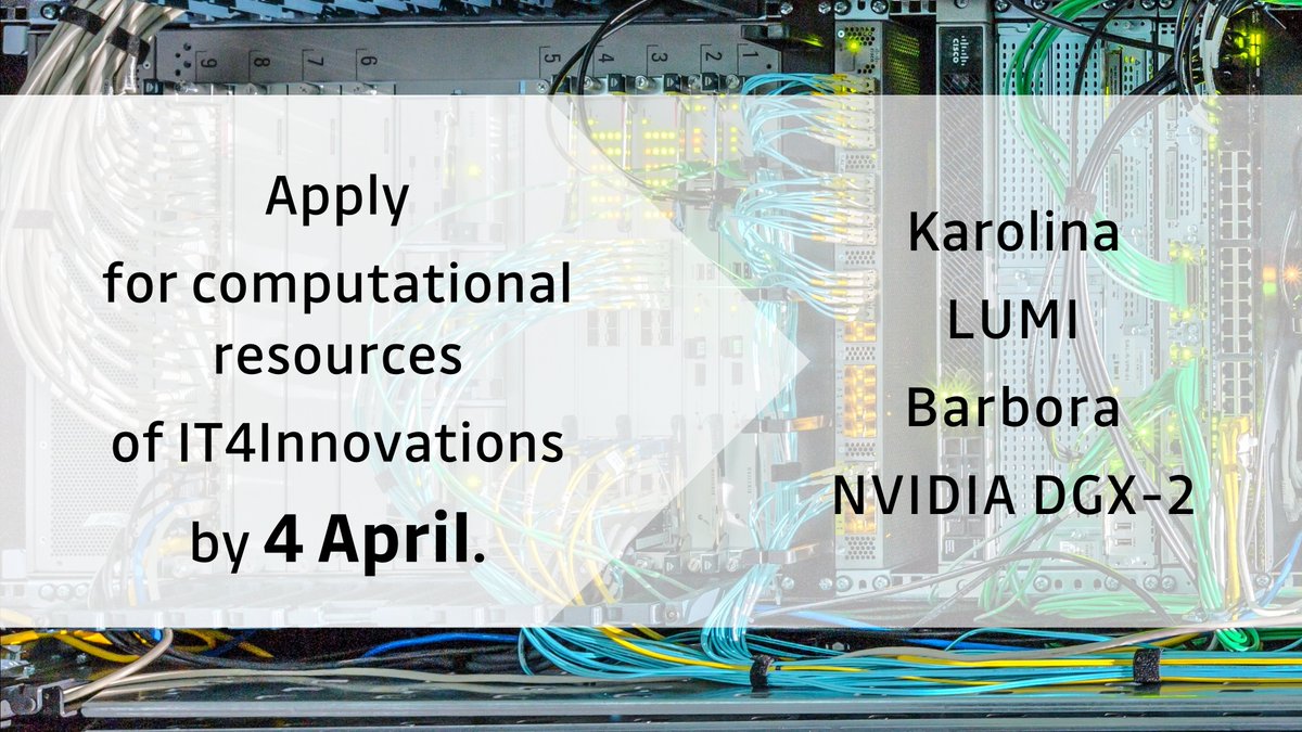 IT4Innovations's tweet image. ⏰ Calling all employees of Czech research organisations! Applications for Karolina, LUMI &amp;amp; Barbora and the NVIDIA DGX-2 #computationalresources are open until 4 April. Hurry, only two days left to supercharge your research. 
🔗 it4i.cz/en/for-users/o… 

#HPC #CzechHPC #ApplyNow