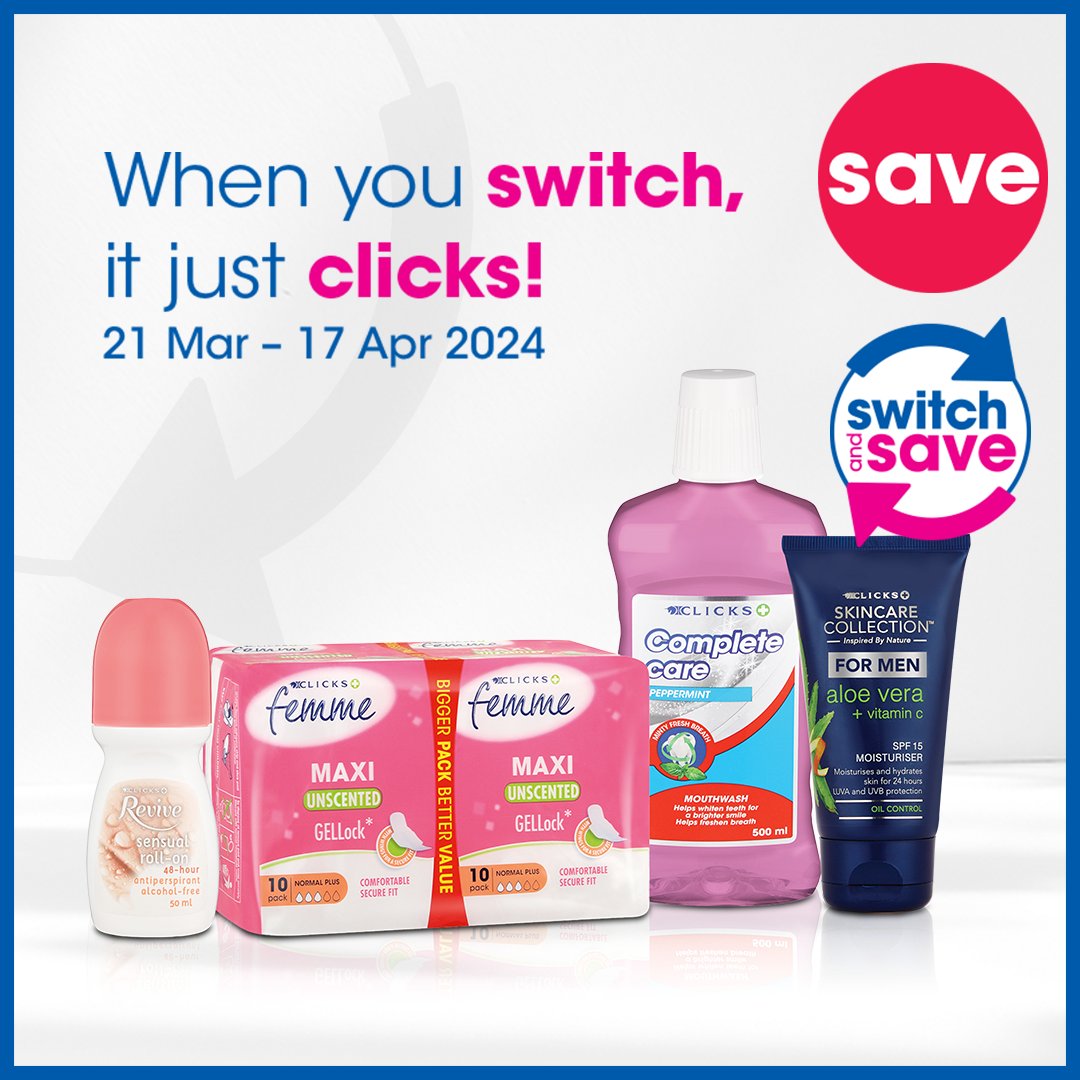 Clicks_SA's tweet image. Experience reliable quality and unbeatable value on all Clicks-brand personal care products.

Make the smart move to &apos;Switch and Save’ and pay less. 💸

🛒Shop in store or online. &amp;gt;&amp;gt; bitly.ws/3hfbr

#SwitchAndSave #Clicks
