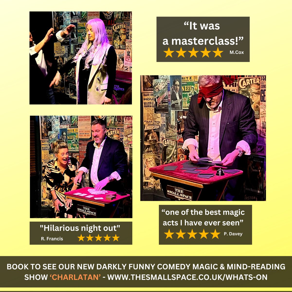Do something different this Fri 5th April, visit Wales' Officially No.1 Rated Nightlife Venue & see our new 5 Star-Rated darkly funny paranormal show 'CHARLATAN' thesmallspace.co.uk/whats-on #theatre #magic #comedy #liveentertainment #Barry #cardiff #whatsoncardiff #supportlocal