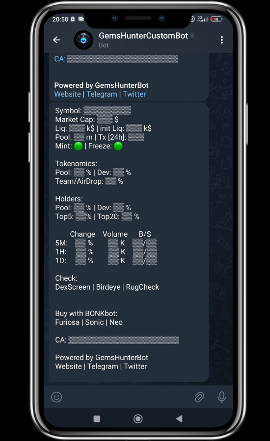 GemsHunterBot's tweet photo. Inside Our Custom KPI Bot🔍

Lets take a deep dive into the structure of our #Solana Custom KPI Bot message for comprehensive insights 
[ 1/7] 🧵

https://t.co/OhIehTk9Fh